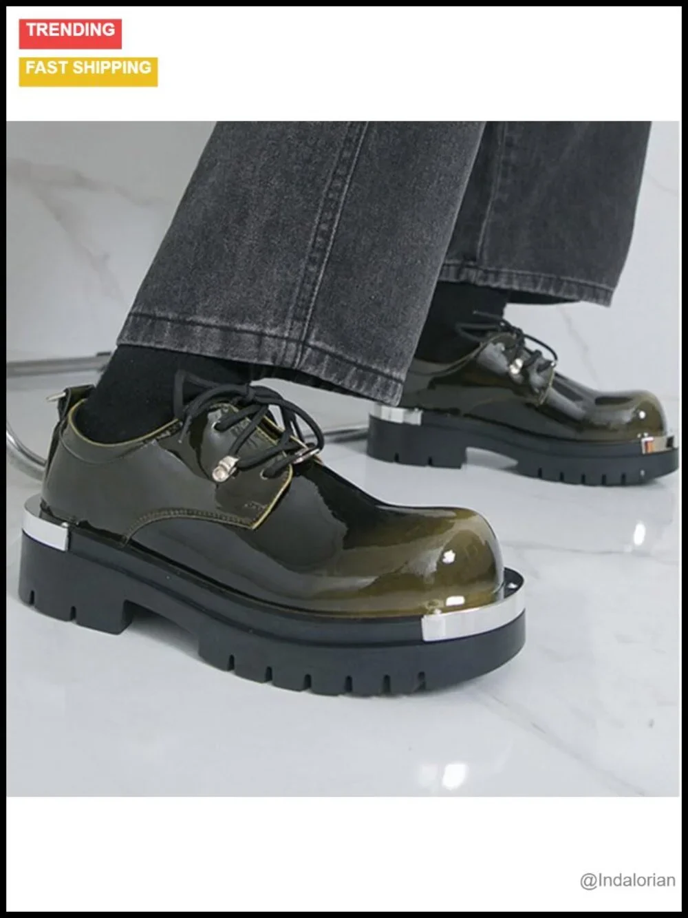 Men's Patent Leather Gradient Metal-Plate Platform Oxfords Non Slip Lug Sole